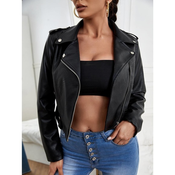 Vegan leather Zip Up Leather Jacket motorcycle moto jacket - Picture 1 of 5